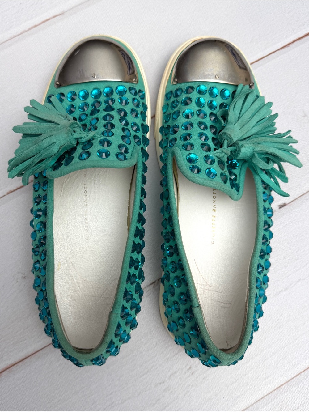 Giuseppe Zanotti Crystal Tassel Loafers Turquoise Suede Size EU 38 (US 8) Italy